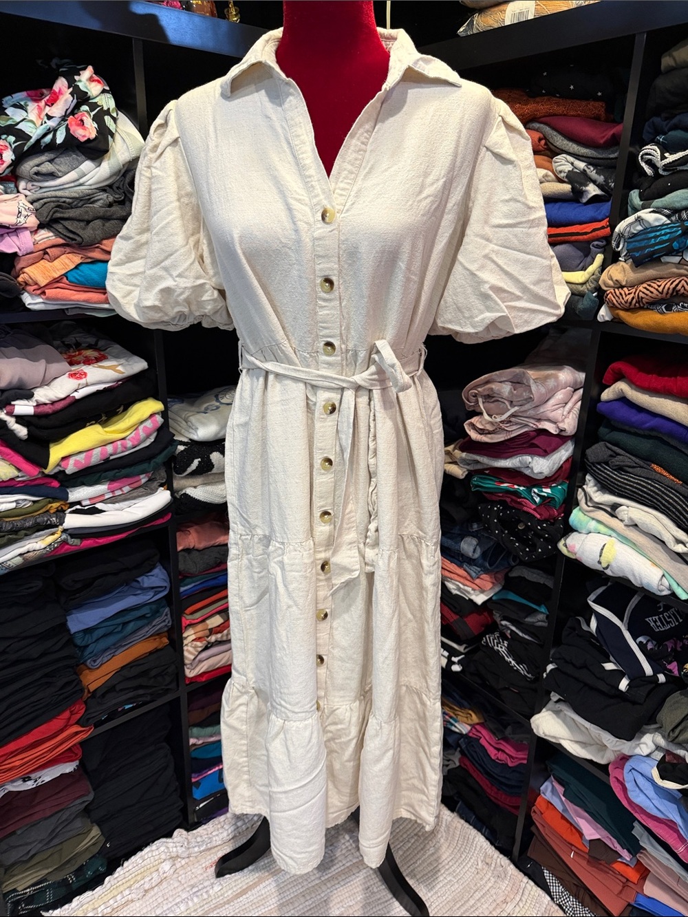#609. Cream maxi tier button front dress. Xl